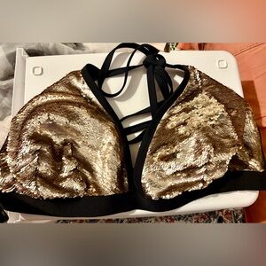436- Lane Bryant Gold flip Sequin Halter Bikini Top with Black Trim
